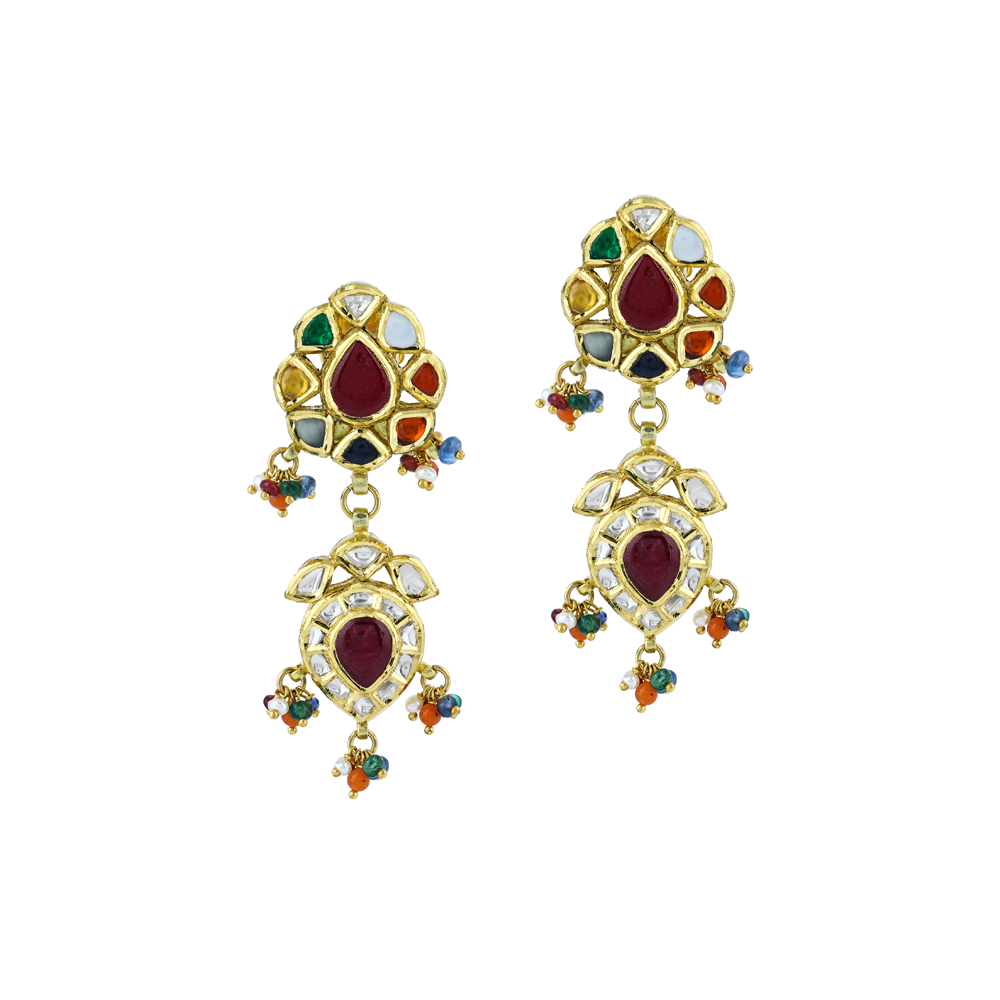 Navratna Earrings with Polki Diamonds and colourful Beads